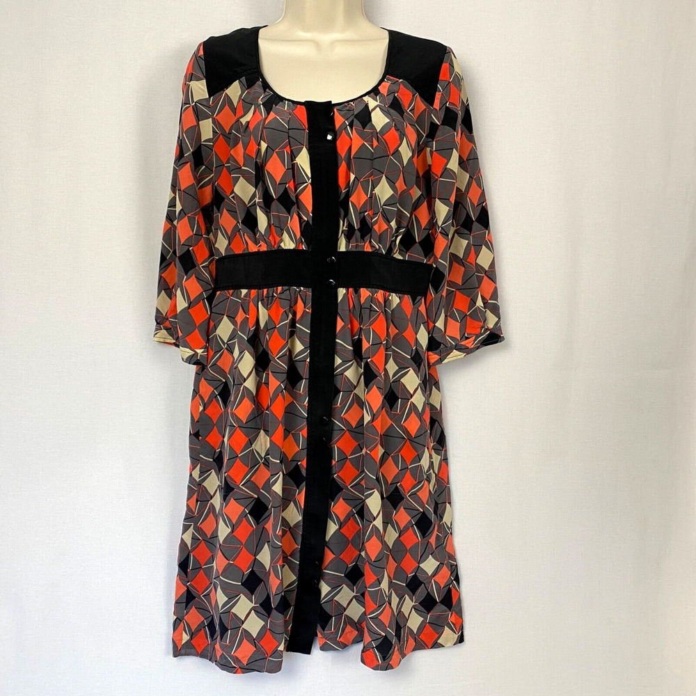 Plenty‎ Tracy Reese Silk Dress Womens 8 Black Gray Geometric Midi Career Pockets